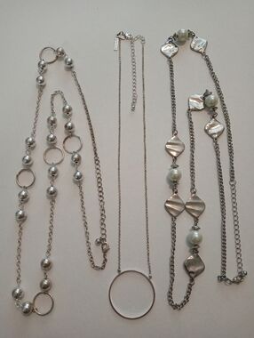 #1204.  3 Piece Silver Toned & Faux Pearl Necklace Bundle